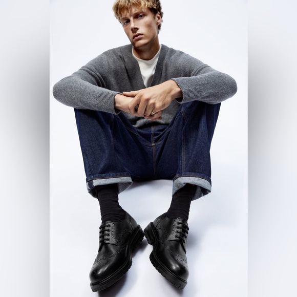 NWT. Zara Man Black Leather Shoes with Hole Pattern. Size 10. 9 - Picture 2 of 8